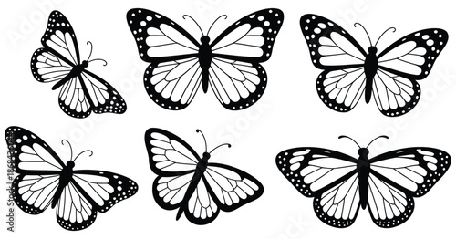 Six stylized black and white monarch butterfly silhouettes, vector illustration collection suitable for design templates, logos, backgrounds, nature-themed projects, wildlife graphics, and high 