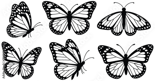 Six black and white stylized monarch butterfly silhouettes, vector icon set for logos, nature-themed design, backgrounds, templates, environmental projects, decorative graphics, and professional 