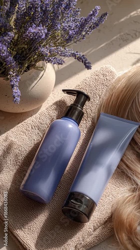 Vertical view of lavander moisturizer shampoo, shower gel, cleanser, liquid soap, cosmetic skin care products, mockup generic plastic lilac pump bottle