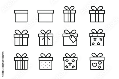 Gift Box Icons. Gift box designs. Line outline icon set of Gift box designs: square box, rectangle box, tall