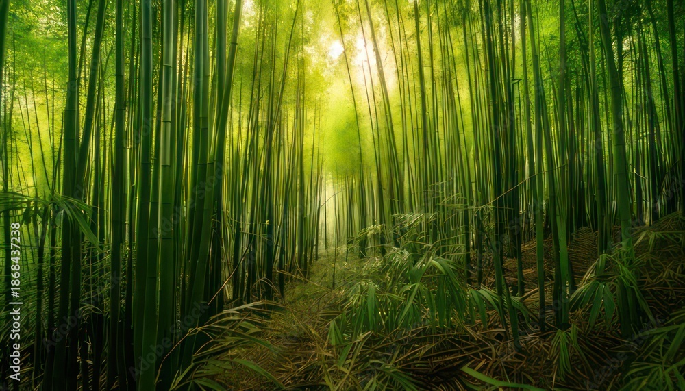 Fototapeta premium Lush bamboo forest with sunlight filtering through the canopy.