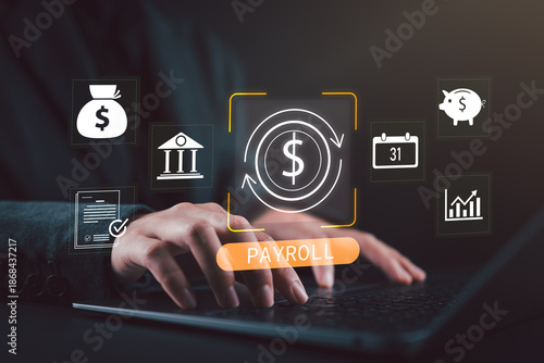 Businesswoman working on laptop with payroll management system icons. Concept of financial technology, employee salary automation, online payroll software, and digital HR solutions.