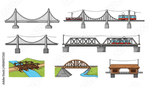 Modern cartoon bridges vector illustration set for urban and rural architecture isolated on transparent background