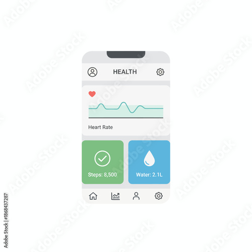 Health tracking mobile app interface showing heart rate steps and water intake