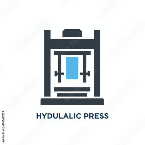 Iconographic representation of a dark gray hydraulic press machine with a light blue central element