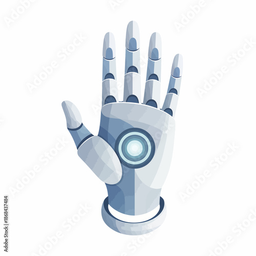 Illustration of a blue and white robotic hand in an open palmforward gesture