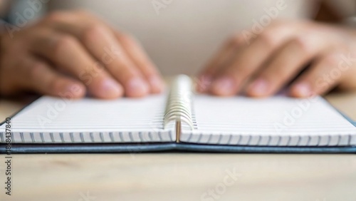 Relaxed Hands on Open Notebook with Blank Margins and Pages