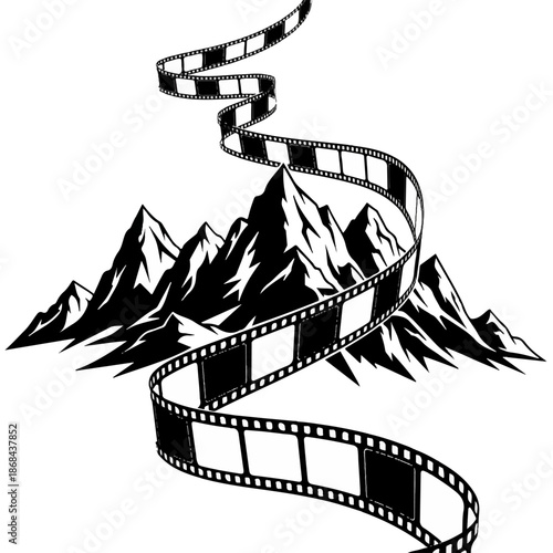 Curved Film Strip Winding Through Mountain Peaks - Adventure Cinema and Outdoor Documentary Concept