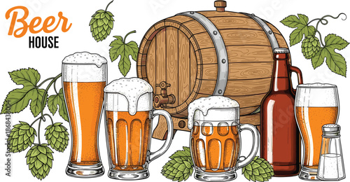 Beer house with barrel and glasses hops
