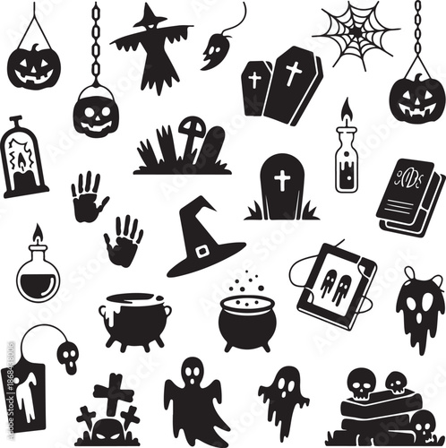 Halloween icons and symbols set in black on white background