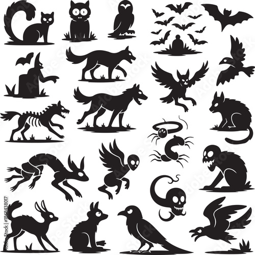 halloween icons of animals and creatures on white background