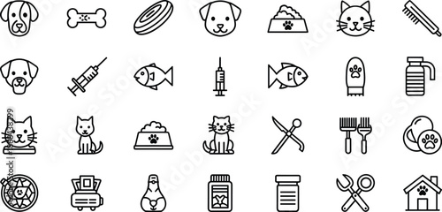 Black and white line of pets and pet care fish pet food pet bowl