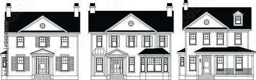 Black and white line of three different house facades architecture line black and white