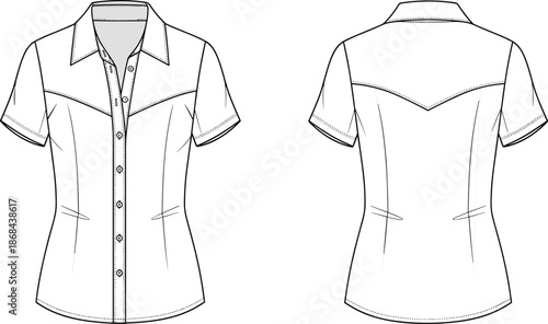 Black and white of short sleeved collared shirt front and back short sleeved shirt