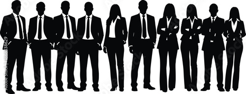 Business team silhouettes standing in row, professional men women executives wearing formal suits, corporate office workforce isolated, black vector illustration set