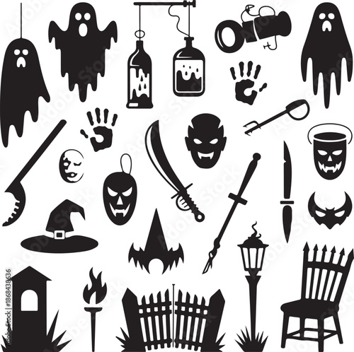 Halloween icons set with ghosts masks and spooky objects
