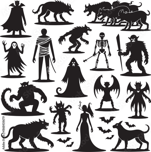 Halloween icons set with monsters and creatures