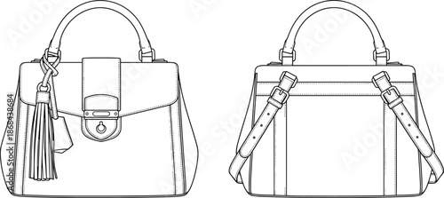 Black and white of two views of a leather handbag leather bag purse line fashion accessory