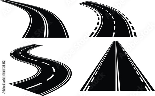 Black and white roadways with various curves and straight sections highway asphalt