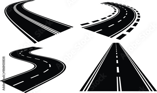 Black and white roadways with white markings on solid white background highway street