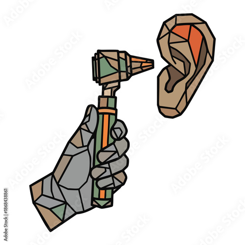 Doctor's hand holding an otoscope examining a stylized human ear, medical examination concept