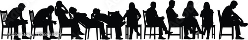People sitting silhouettes in waiting room chairs, men women seated queue, social crowd figures isolated, black vector illustration set
