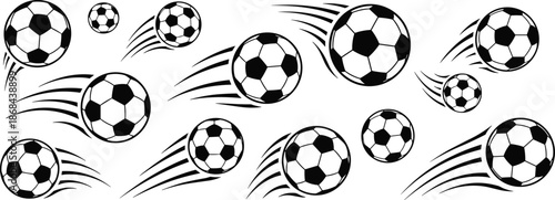 Black and white soccer balls with motion lines speed movement