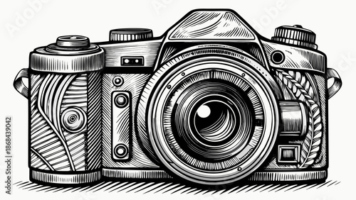 Very beautiful black and white hand drawn DSLR camera illustration, featuring detailed sketch lines and artistic texture, ideal for photography concepts, editorial design, and creative visual storytel