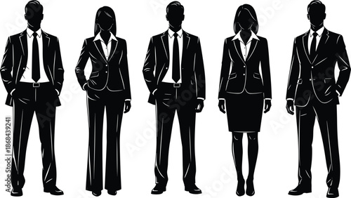 PrintBusiness professional silhouettes standing confidently, men women in formal suits, corporate executives isolated, black white office vector illustration set