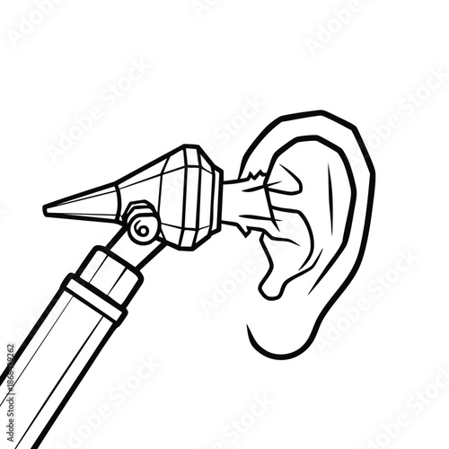 Close-up line art illustration of an otoscope examining a human ear, medical checkup concept