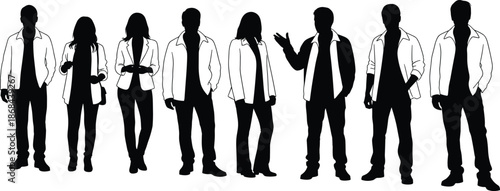 Business people silhouettes standing together, professional men women team, corporate staff figures isolated, black white office vector illustration