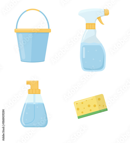 Flat Vector Icons of Blue Cleaning Supplies
