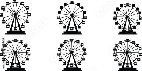 Black silhouettes of ferris wheels on white background amusement park