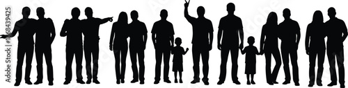 Group of people silhouettes standing together, diverse family adults and children, human crowd figures isolated, black shadow illustration