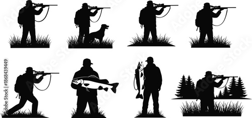 Black silhouettes of hunters with guns and fish white background