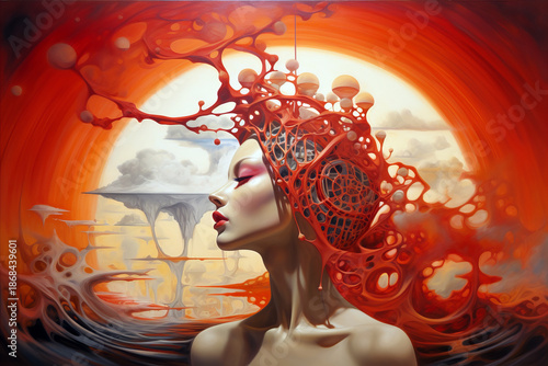 Surreal digital portrait of a woman in profile with flowing red abstract forms and futuristic shapes creating a bold fantasy art and imagination concept