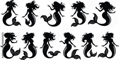 Black silhouettes of mermaids with flowing hair and tails white background