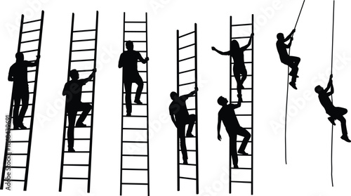 Black silhouettes of people climbing ladders and a rope