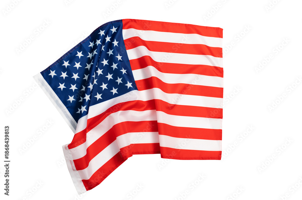 Fototapeta premium United states of America flag fabric waving, displaying national red stripes, white stars on blue, isolated background on transparent