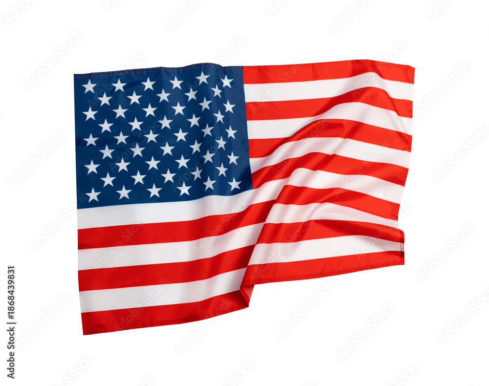 Fototapeta premium United states of America flag fabric waving, displaying national red stripes, white stars on blue, background on isolated transparent