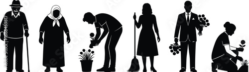 Black silhouettes of people gardening and cleaning