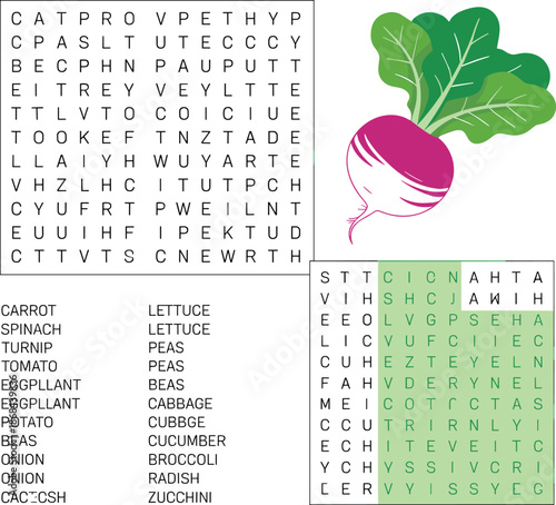 Vegetable word search puzzle worksheet for kids, educational learning activity with radish illustration, spelling vocabulary game printable on white background