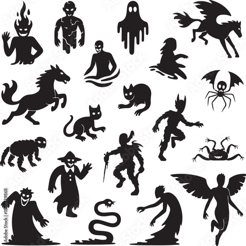 Halloween icons with various monsters and creatures on white background