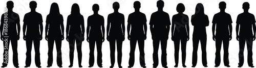 Black silhouettes of people standing in a row white background