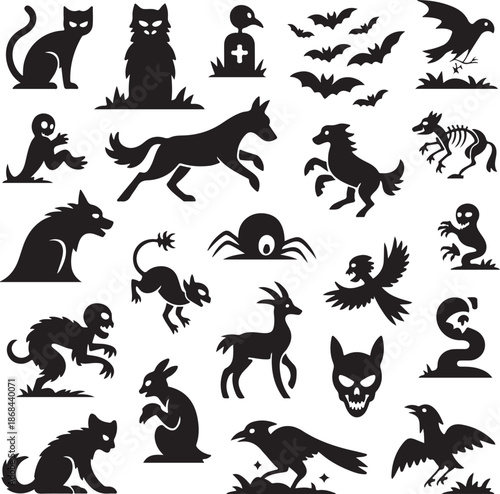 Halloween icons with various spooky animals and creatures on white background