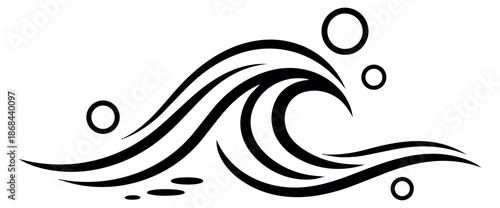 Line art illustration of a stylized wave depicting water current with bubbles for summer design