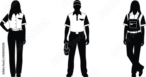 Black silhouettes of three people in work uniforms workers