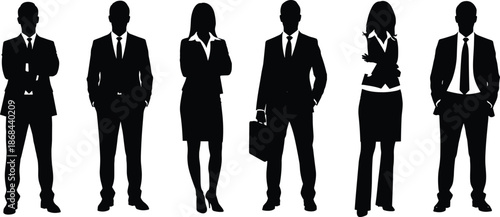 Business people silhouettes standing together, professional men and women teamwork concept, corporate leadership diversity isolated vector illustration on white background