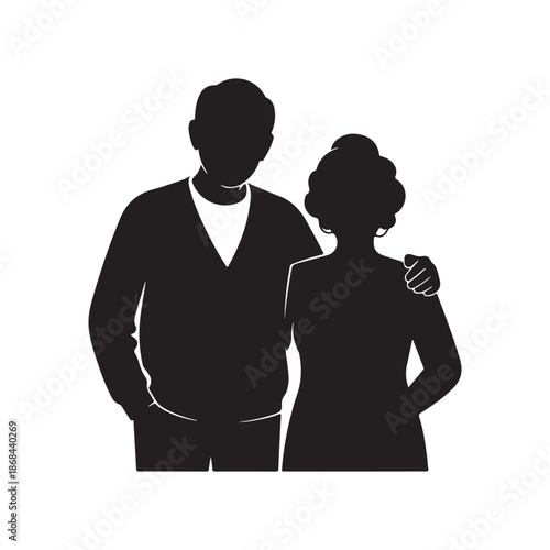 Black silhouette of an elderly senior couple standing together in a loving embrace on white background