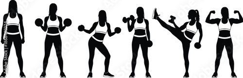 Black silhouettes of women exercising with dumbbells exercise fitness workout